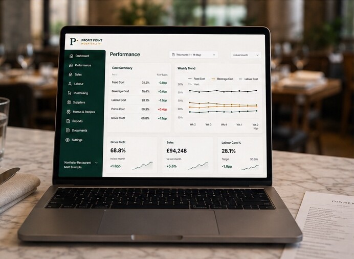 Illustration of the planned Profit Point Hospitality performance reporting dashboard on a laptop in a restaurant