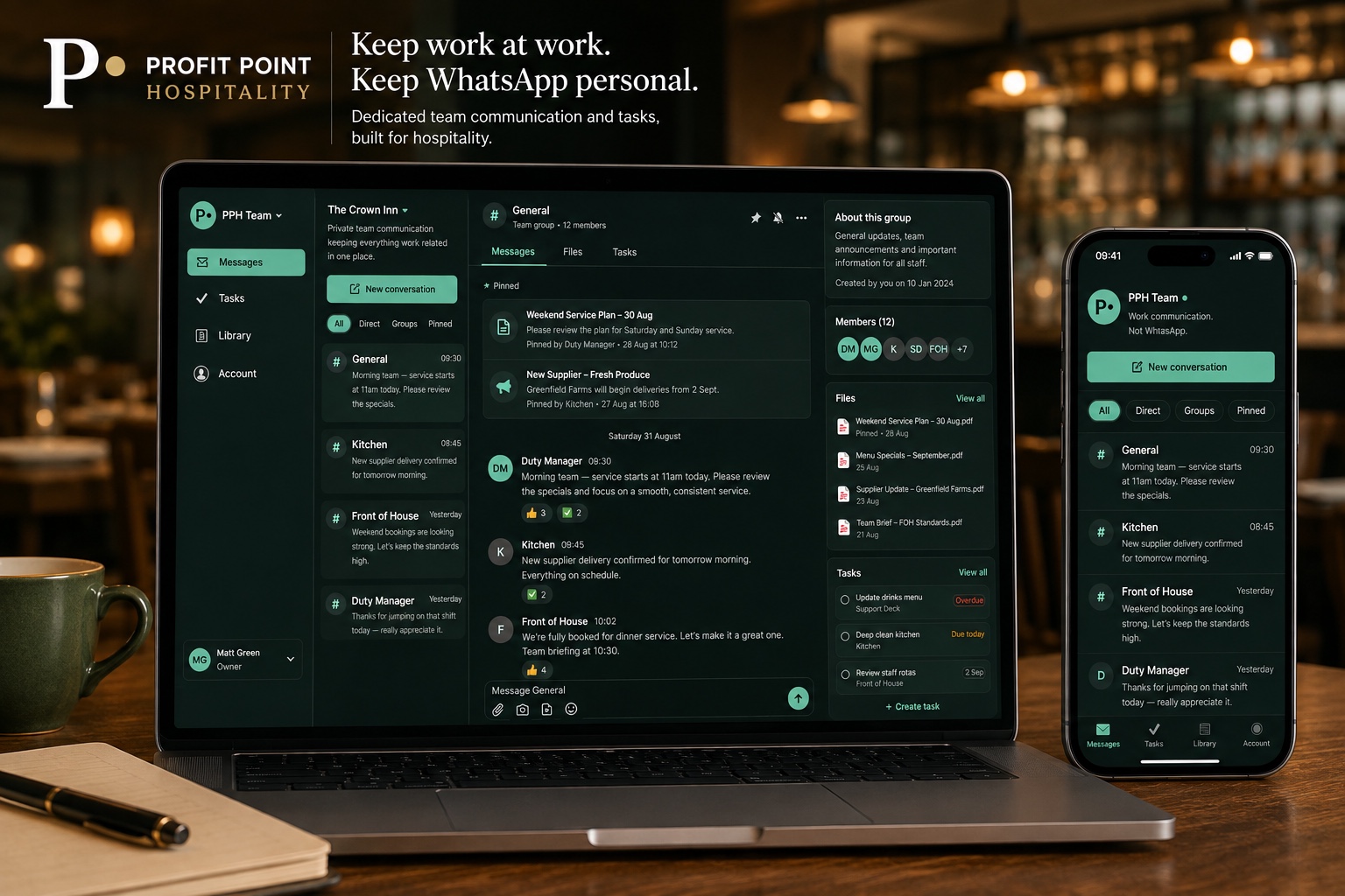PPH Team workplace communication app shown on laptop and iPhone in a hospitality environment.